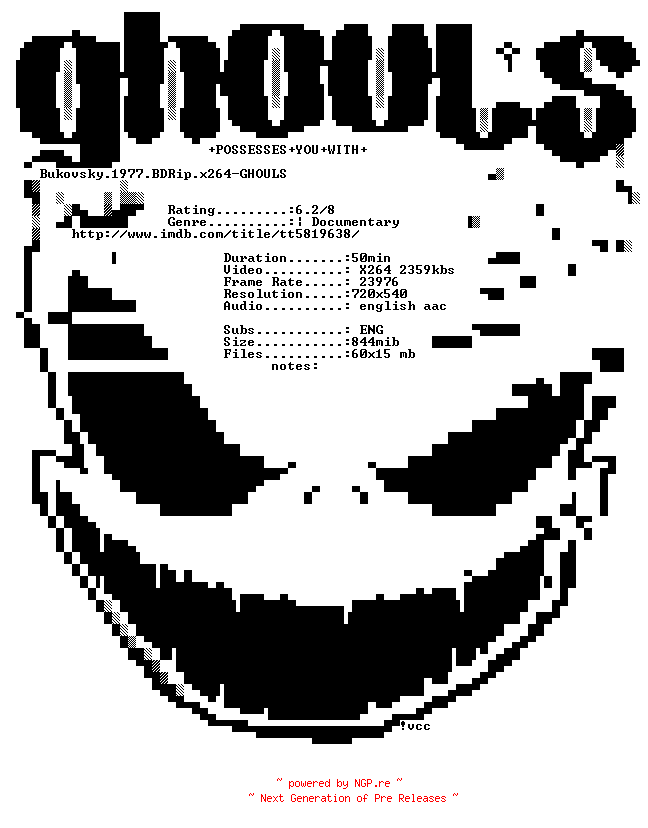 NFO for the release Bukovsky.1977.BDRip.x264-GHOULS by GHOULS