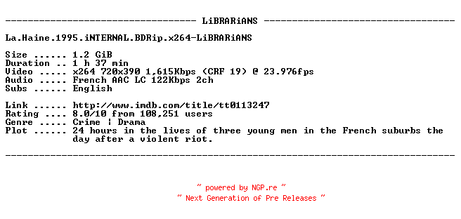 NFO for the release La.Haine.1995.iNTERNAL.BDRip.x264-LiBRARiANS by LiBRARiANS