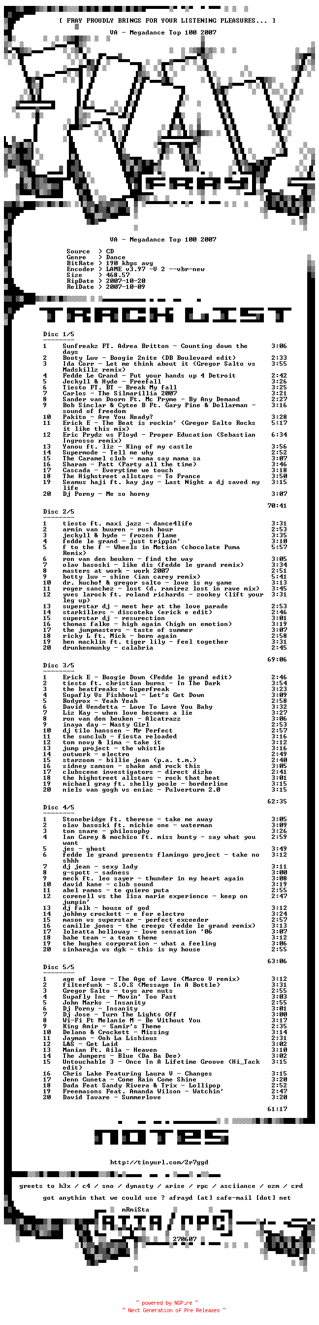 NFO for the release VA-Megadance_Top_100-5CD-2007-FRAY by FRAY