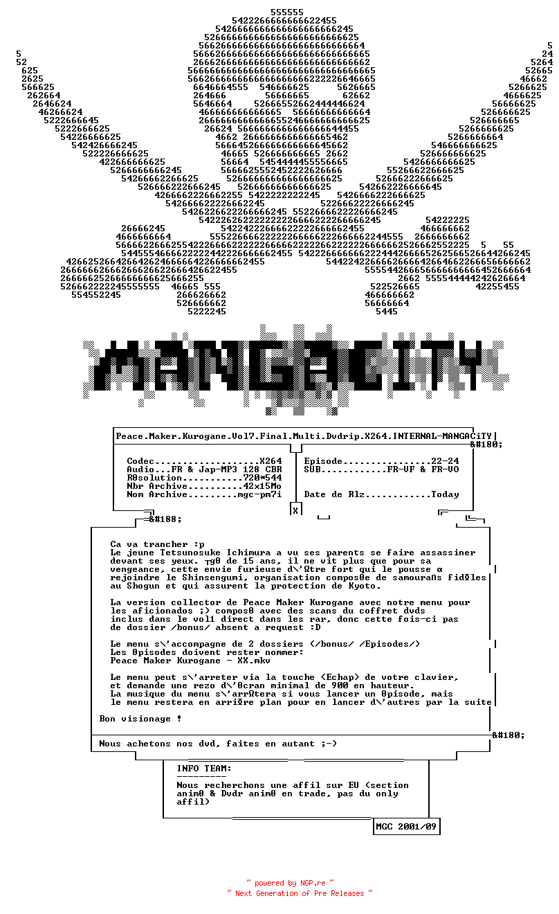 NFO for the release Peace.Maker.Kurogane.Vol7.Final.Multi.Dvdrip.X264.INTERNAL-MANGACiTY by MANGACiTY