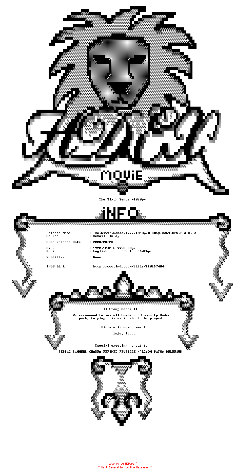 NFO for the release The.Sixth.Sense.1999.1080p.BluRay.x264.NFO.FIX-HDEX by HDEX