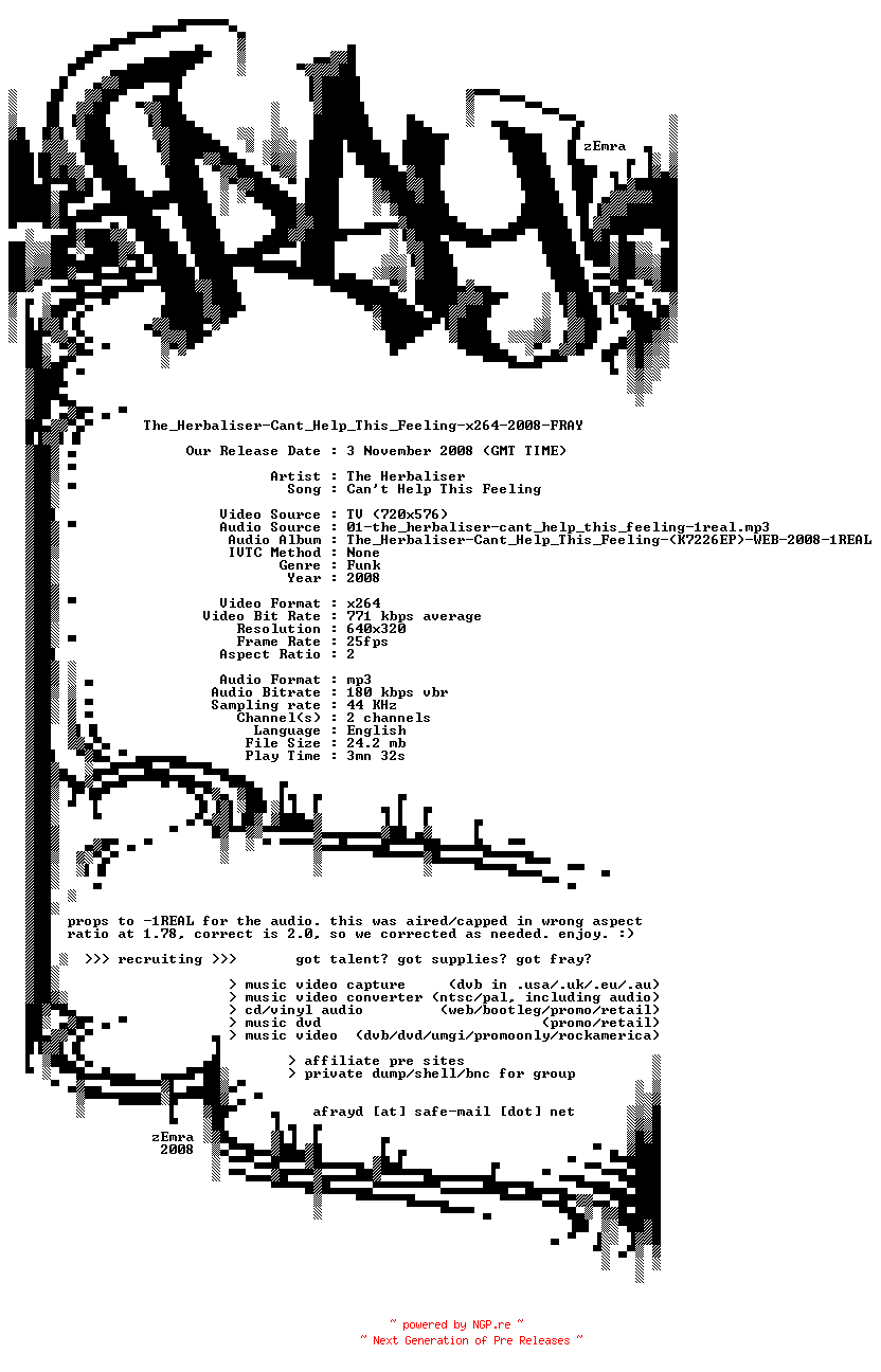 NFO for the release The_Herbaliser-Cant_Help_This_Feeling-x264-2008-FRAY by FRAY