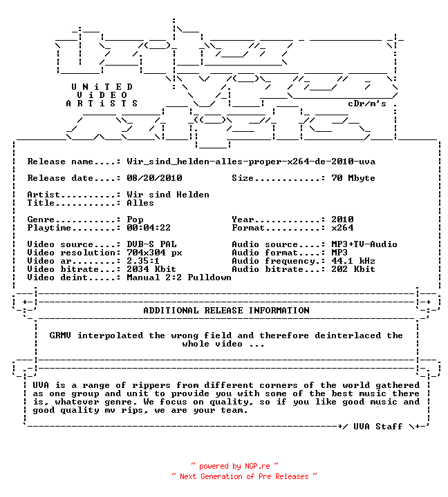 NFO for the release Wir_sind_helden-alles-proper-x264-de-2010-uva by uva