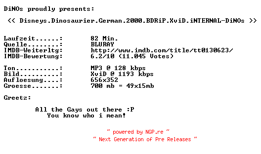 NFO for the release Walt.Disneys.Dinosaurier.German.2000.BDRiP.XviD.iNTERNAL-DiNOs by DiNOs
