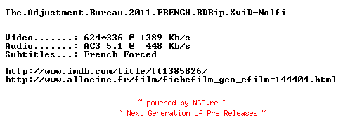NFO for the release The.Adjustment.Bureau.2011.FRENCH.BDRip.XviD-Nolfi by Nolfi