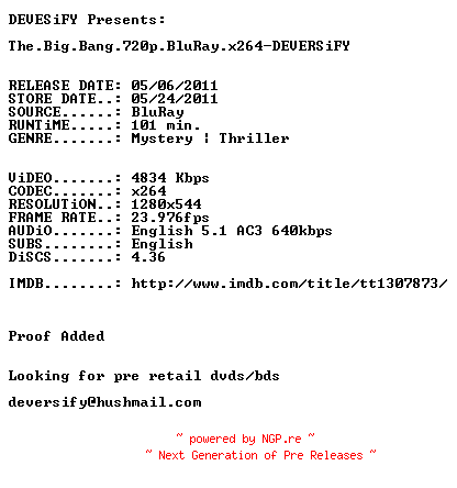 NFO for the release The.Big.Bang.720p.BluRay.x264-DEVERSiFY by DEVERSiFY
