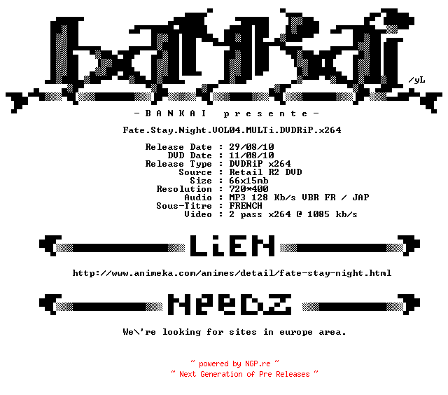 NFO for the release Fate.Stay.Night.VOL04.iNTERNAL.MULTi.DVDRiP.x264-BANKAi by BANKAi