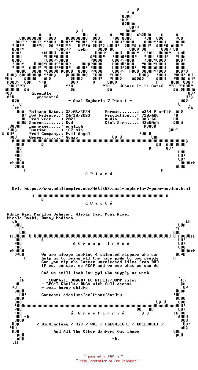 NFO for the release Anal.Euphoria.7.DiSC1.XXX.DVDRip.x264-CiCXXX by CiCXXX