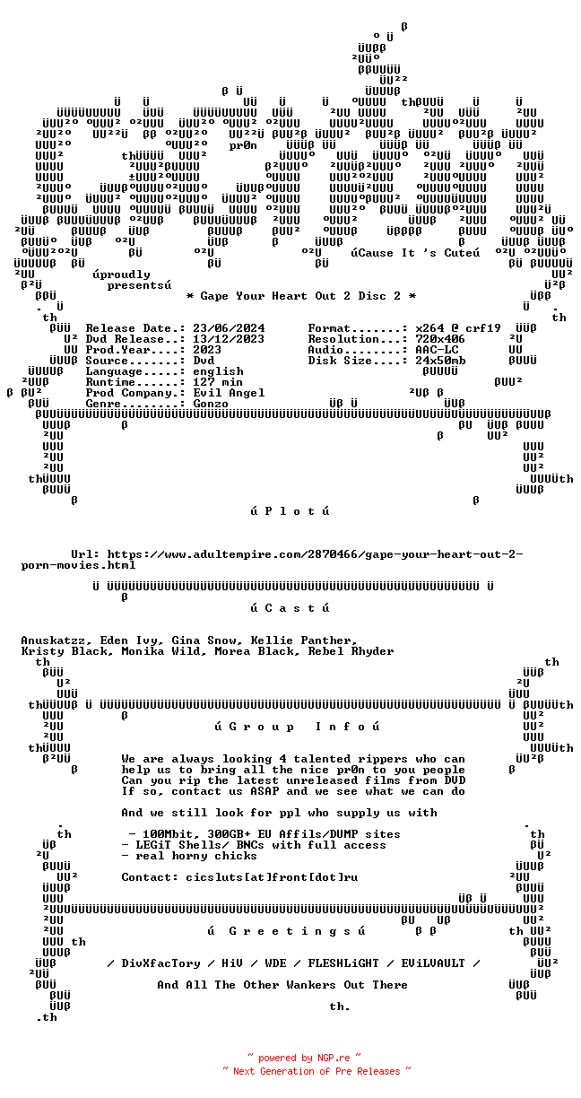 NFO for the release Gape.Your.Heart.Out.2.DiSC2.XXX.DVDRip.x264-CiCXXX by CiCXXX