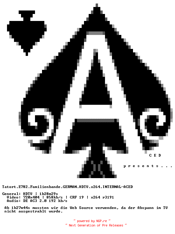 NFO for the release Tatort.E782.Familienbande.GERMAN.HDTV.x264.INTERNAL-ACED by ACED