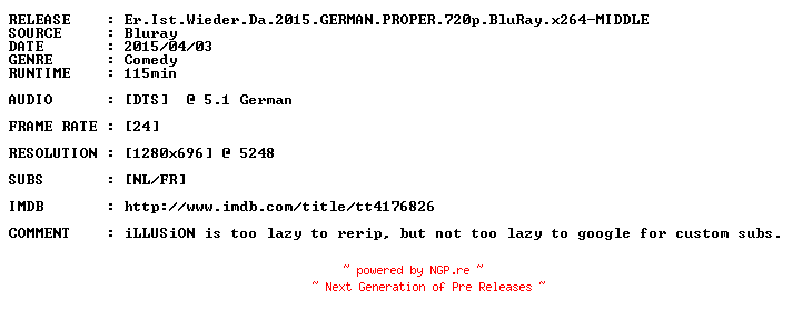 NFO for the release Er.Ist.Wieder.Da.2015.GERMAN.PROPER.720p.BluRay.x264-MIDDLE by MIDDLE