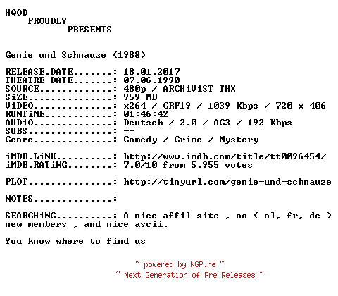 NFO for the release Genie.und.Schnauze.German.1988.AC3D.BDRiP.x264.iNTERNAL-HQOD by HQOD