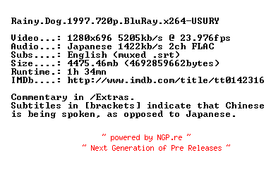 NFO for the release Rainy.Dog.1997.720p.BluRay.x264-USURY by USURY