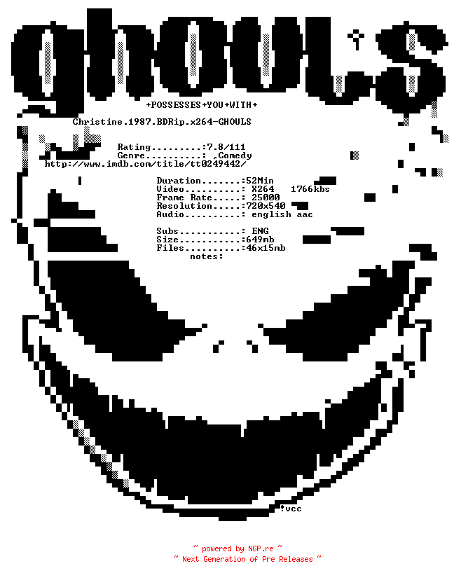 NFO for the release Christine.1987.BDRip.x264-GHOULS by GHOULS
