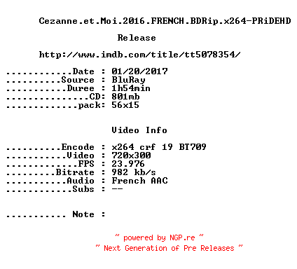 NFO for the release Cezanne.et.Moi.2016.FRENCH.BDRip.x264-PRiDEHD by PRiDEHD