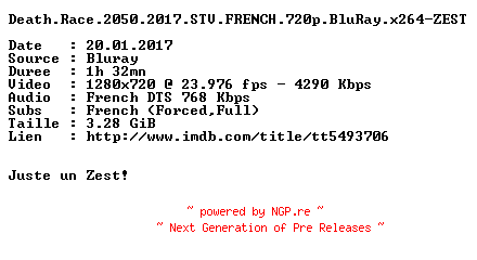 NFO for the release Death.Race.2050.2017.STV.FRENCH.720p.BluRay.x264-ZEST by ZEST