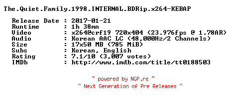 NFO for the release The.Quiet.Family.1998.INTERNAL.BDRip.x264-KEBAP by KEBAP