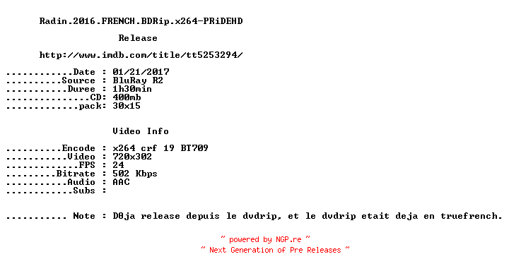 NFO for the release Radin.2016.FRENCH.BDRip.x264-PRiDEHD by PRiDEHD