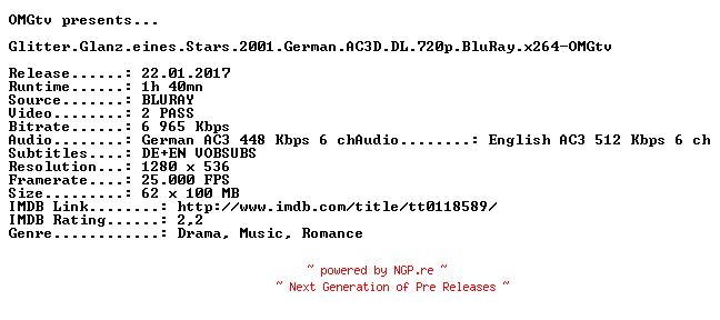 NFO for the release Glitter.Glanz.eines.Stars.2001.German.AC3D.DL.720p.BluRay.x264-OMGtv by OMGtv