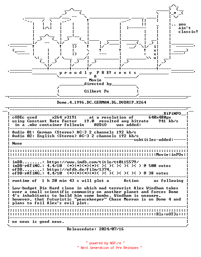 NFO for the release Dome.4.1996.DC.GERMAN.DL.DVDRIP.X264-WATCHABLE by WATCHABLE