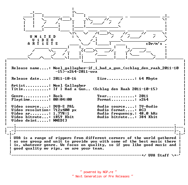 NFO for the release Noel_gallagher-if_i_had_a_gun_(schlag_den_raab_2011-10-15)-x264-2011-uva by uva