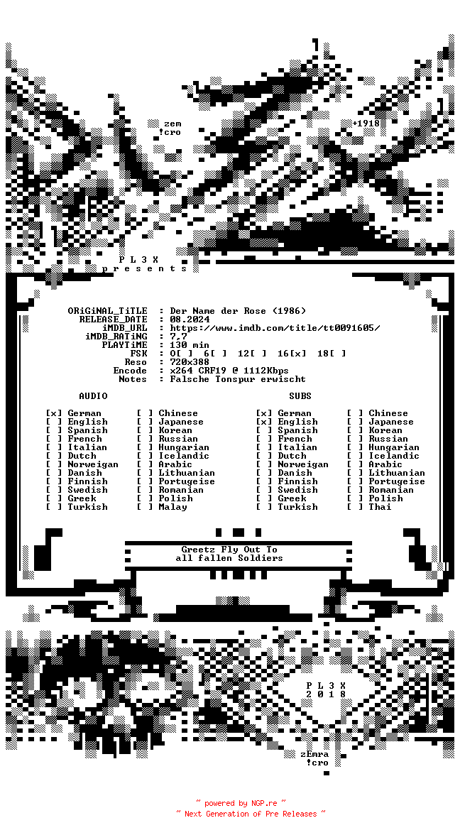 NFO for the release Der.Name.der.Rose.German.1986.REMASTERED.AC3.BDRiP.x264.REPACK-PL3X by PL3X