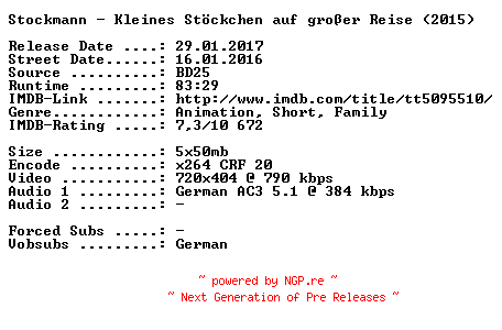NFO for the release Stockmann.Kleines.Stoeckchen.auf.grosser.Reise.German.2015.AC3.BDRip.x264-SPiCY by SPiCY