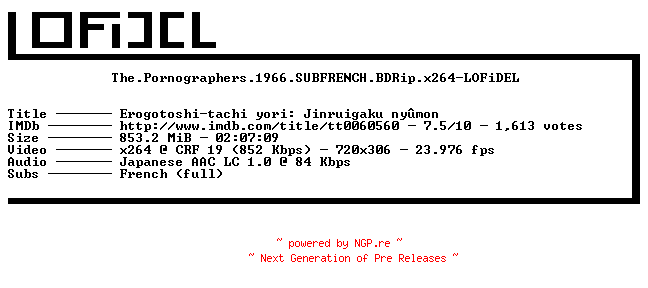 NFO for the release The.Pornographers.1966.SUBFRENCH.BDRip.x264-LOFiDEL by LOFiDEL