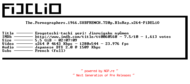 NFO for the release The.Pornographers.1966.SUBFRENCH.720p.BluRay.x264-FiDELiO by FiDELiO