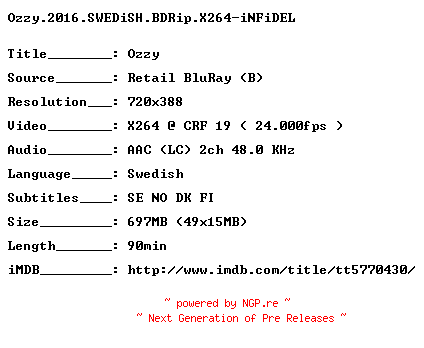 NFO for the release Ozzy.2016.SWEDiSH.BDRip.X264-iNFiDEL by iNFiDEL