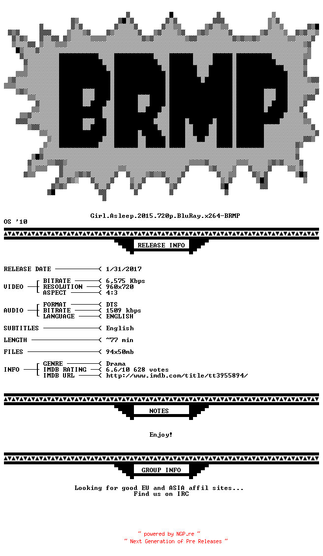 NFO for the release Girl.Asleep.2015.720p.BluRay.x264-BRMP by BRMP