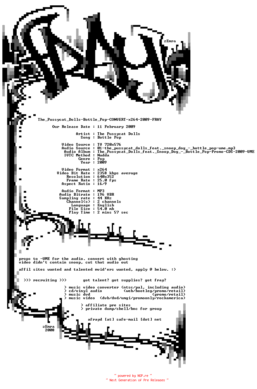 NFO for the release The_Pussycat_Dolls-Bottle_Pop-CONVERT-x264-2009-FRAY by FRAY