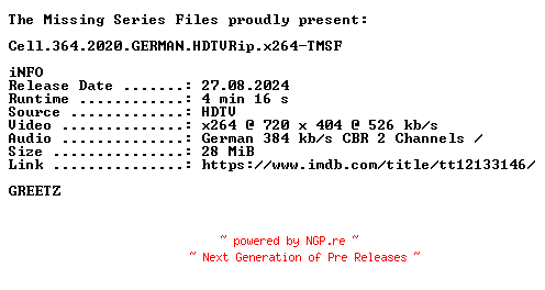 NFO for the release Cell.364.2020.GERMAN.HDTVRip.x264-TMSF by TMSF