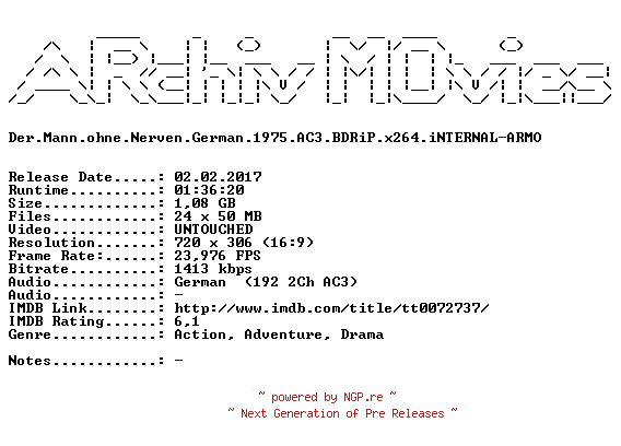 NFO for the release Der.Mann.ohne.Nerven.German.1975.AC3.BDRiP.x264.iNTERNAL-ARMO by ARMO
