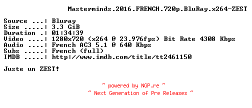 NFO for the release Masterminds.2016.FRENCH.720p.BluRay.x264-ZEST by ZEST