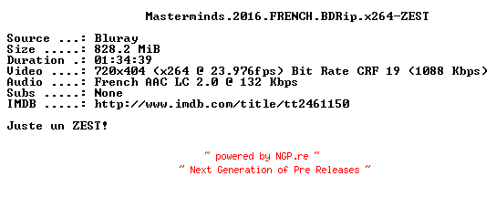 NFO for the release Masterminds.2016.FRENCH.BDRip.x264-ZEST by ZEST