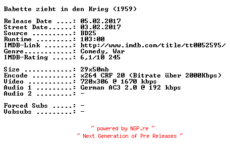NFO for the release Babette.zieht.in.den.Krieg.German.1959.AC3.BDRip.x264-SPiCY by SPiCY