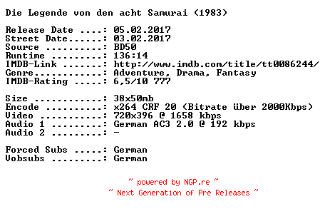 NFO for the release Die.Legende.von.den.acht.Samurai.German.1983.AC3.BDRip.x264-SPiCY by SPiCY