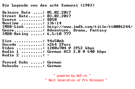 NFO for the release Die.Legende.von.den.acht.Samurai.1983.German.720p.BluRay.x264-SPiCY by SPiCY