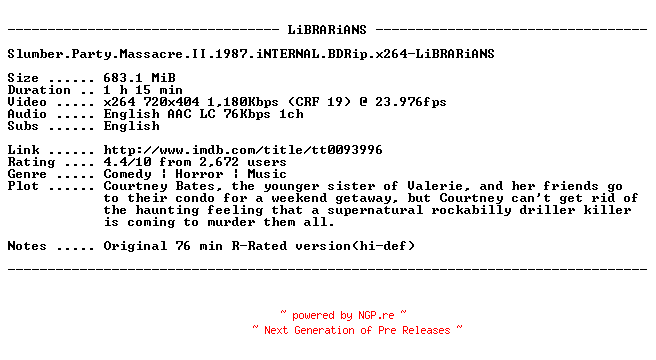 NFO for the release Slumber.Party.Massacre.II.1987.iNTERNAL.BDRip.x264-LiBRARiANS by LiBRARiANS