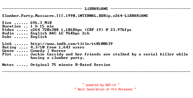 NFO for the release Slumber.Party.Massacre.III.1990.iNTERNAL.BDRip.x264-LiBRARiANS by LiBRARiANS