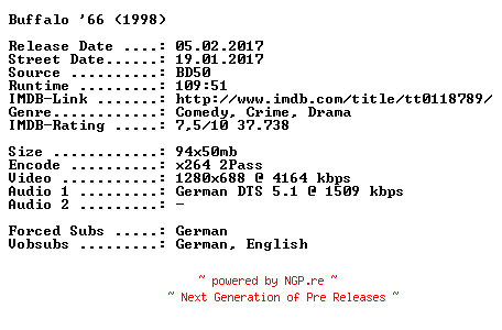 NFO for the release Buffalo.66.1998.German.720p.BluRay.x264-SPiCY by SPiCY