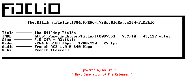NFO for the release The.Killing.Fields.1984.FRENCH.720p.BluRay.x264-FiDELiO by FiDELiO