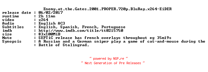 NFO for the release Enemy.at.the.Gates.2001.PROPER.720p.BluRay.x264-EiDER by EiDER