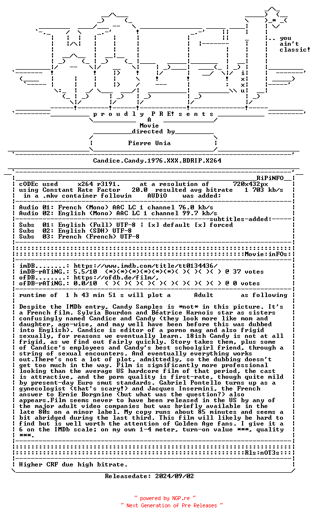 NFO for the release Candice.Candy.1976.XXX.BDRIP.X264-WATCHABLE by WATCHABLE