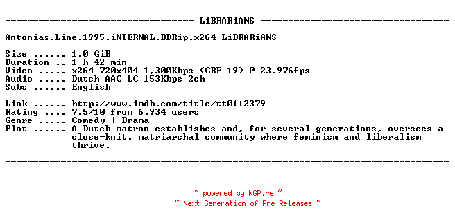 NFO for the release Antonias.Line.1995.iNTERNAL.BDRip.x264-LiBRARiANS by LiBRARiANS