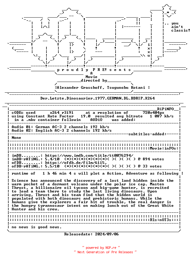 NFO for the release Der.Letzte.Dinosaurier.1977.GERMAN.DL.BDRIP.X264-WATCHABLE by WATCHABLE