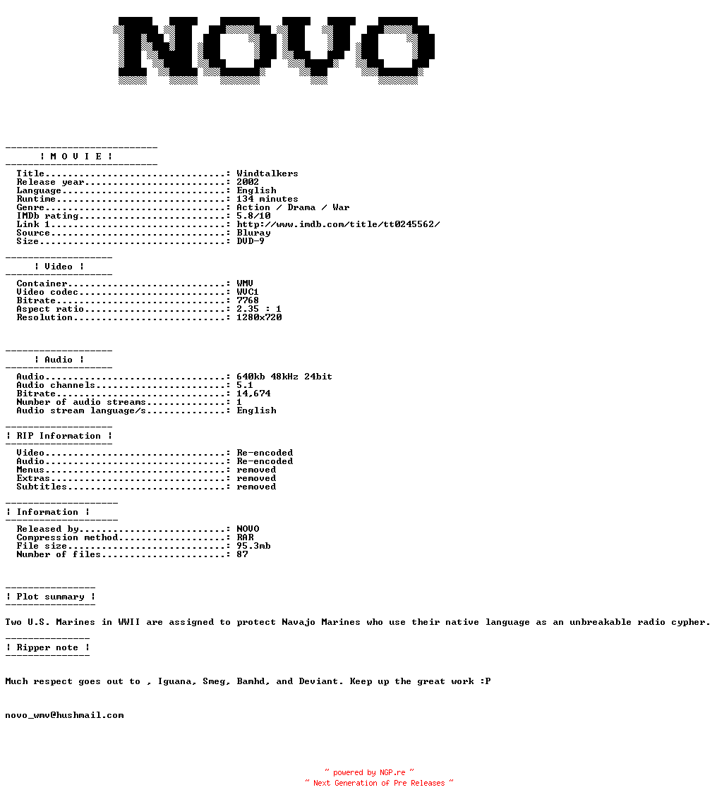NFO for the release Windtalkers.2002.Bluray.VC1.720p.5.1.WMV-NOVO by NOVO
