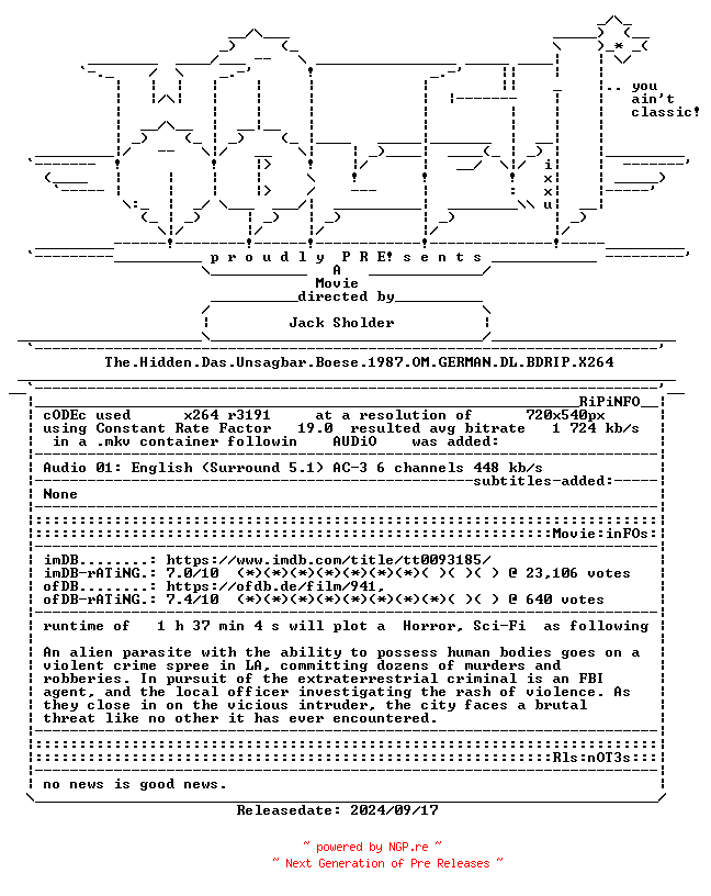 NFO for the release The.Hidden.Das.Unsagbar.Boese.1987.OM.GERMAN.DL.BDRIP.X264-WATCHABLE by WATCHABLE
