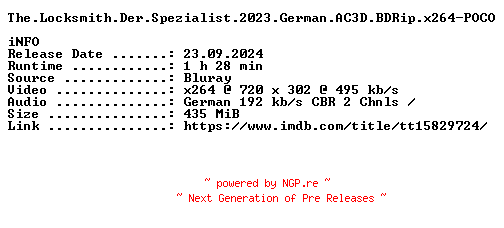 NFO for the release The.Locksmith.Der.Spezialist.2023.German.AC3D.BDRip.x264-POCO by POCO